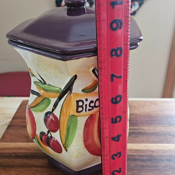 Nonnies hand painted ceramic cookie jar with purple top fruit motif - Picture 7 of 13